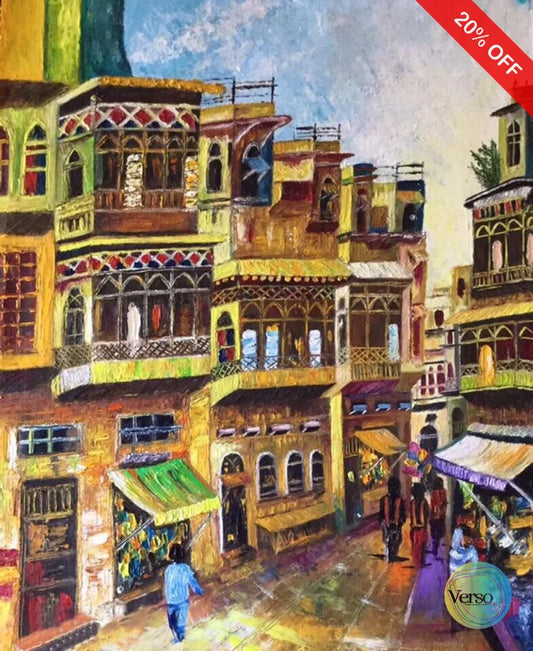 Old Lahore Bazaar 19 x 23 cm / Oil / Unframed, shipped in roll