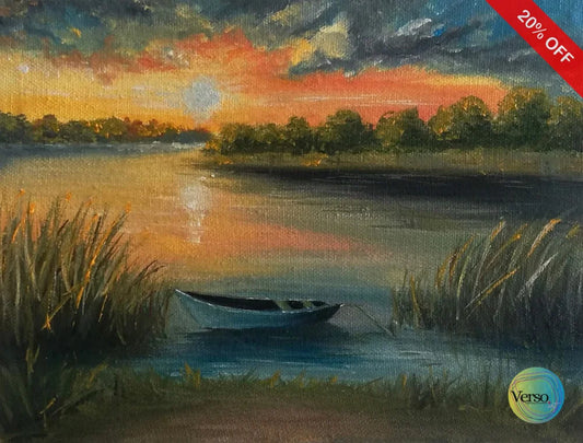 Sunset at River Bank 8 x 6 cm / Oil / Unframed, shipped in roll