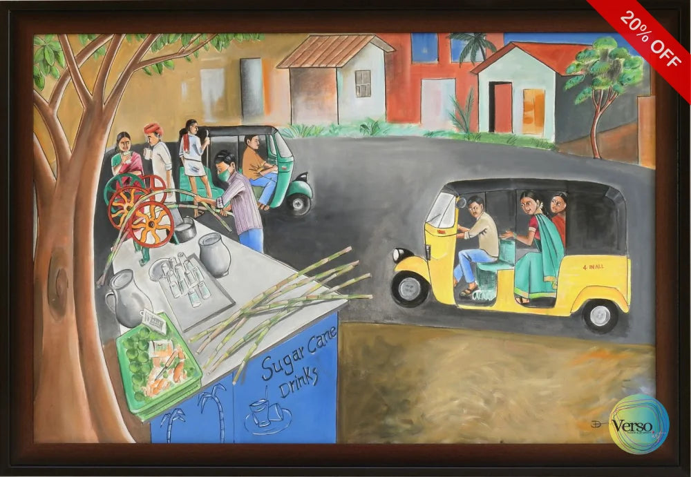Auto and Sugarcane Cart 39.37 x 29.17 cm / Acrylic / Framed, shipped flat