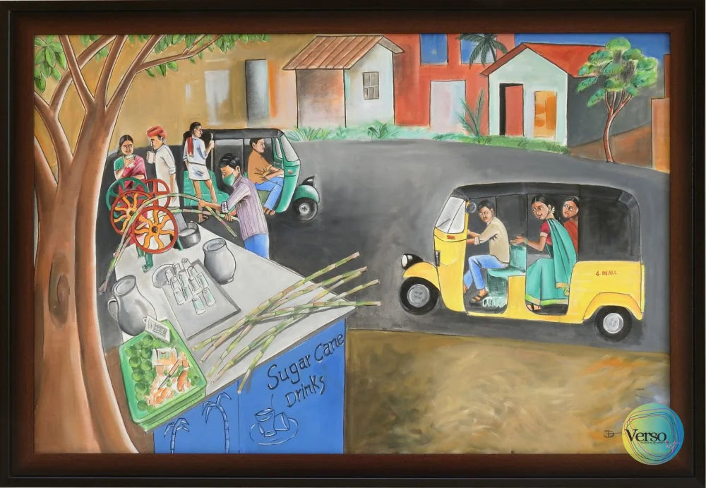 Auto and Sugarcane Cart 39.37 x 29.17 cm / Acrylic / Framed, shipped flat