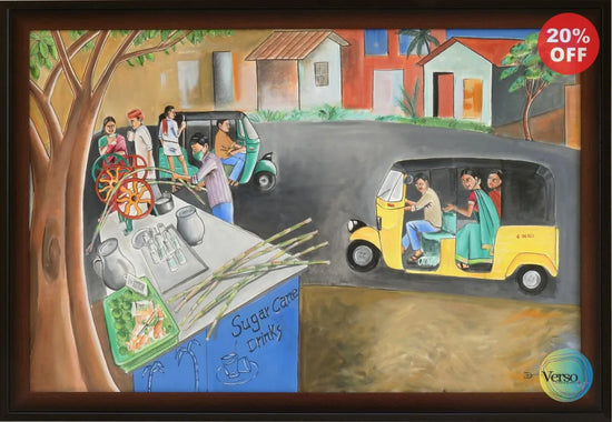 Auto and Sugarcane Cart 39.37 x 29.17 cm / Acrylic / Framed, shipped flat
