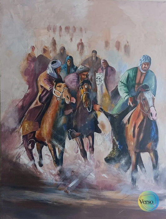 Buzkashi game 36 x 48 cm / Acrylic / Framed, shipped flat