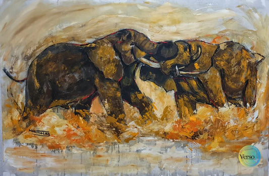 Elephants fighting 150 x 100 cm / Acrylic / Unframed, shipped in a roll