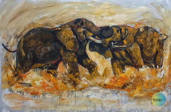 Elephants fighting 150 x 100 cm / Acrylic / Unframed, shipped in a roll