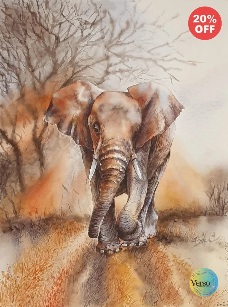 Elephants in the light 31 x 41 cm / Watercolor / Unframed, shipped in roll