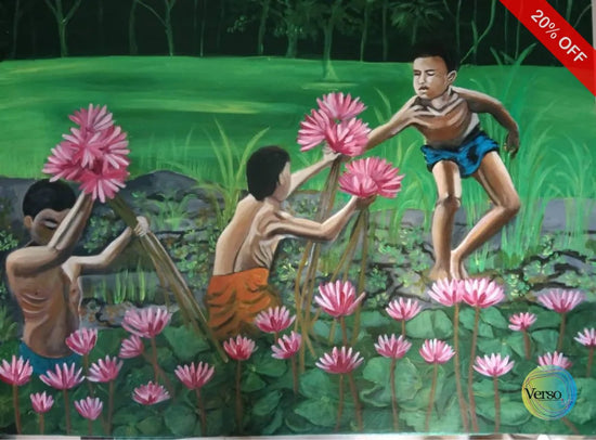Harvesting water Lilies 80 x 60 cm / Acrylic / Unframed, shipped in roll
