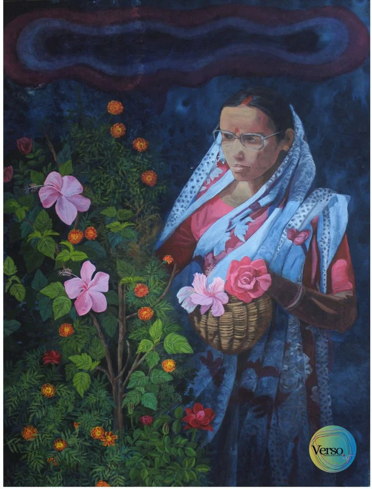 Lady with Flowers 42 x 56 inch / Acrylic / Unframed, shipped in a roll