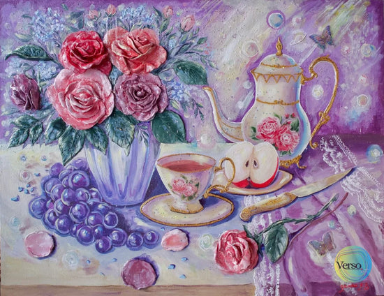 Mawar dan Teko Antik (Roses and Antique Teapot) - 90 x 70 cm / Mixed / Framed, shipped flat