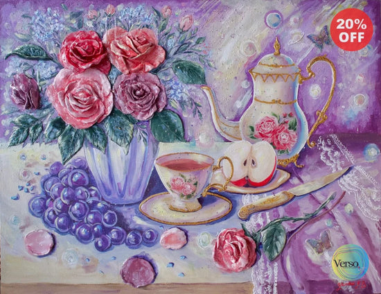 Mawar dan Teko Antik (Roses and Antique Teapot) - 90 x 70 cm / Mixed / Framed, shipped flat