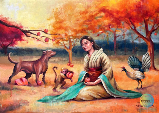 Meeting Momotaro 42 x 59.4 cm / Oil / Unframed, shipped in a roll