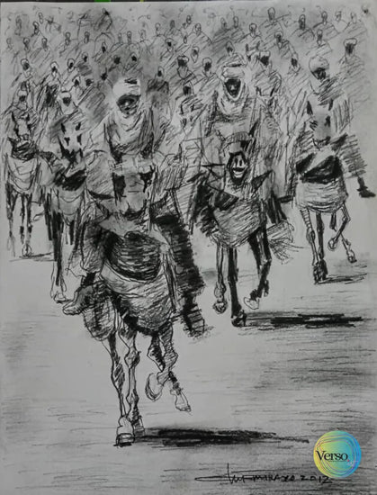 Men and Horses 10.5 x 12.5 cm / Charcoal / Unframed, shipped in roll