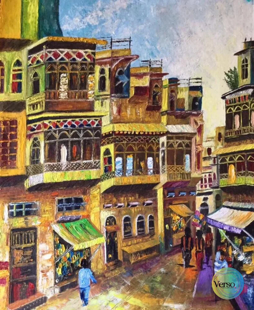 Old Lahore Bazaar 19 x 23 cm / Oil / Unframed, shipped in roll
