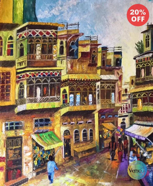 Old Lahore Bazaar 19 x 23 cm / Oil / Unframed, shipped in roll