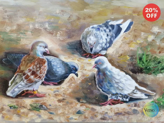 Pigeons - 60 x 40 cm / Oil / Unframed, shipped in a roll