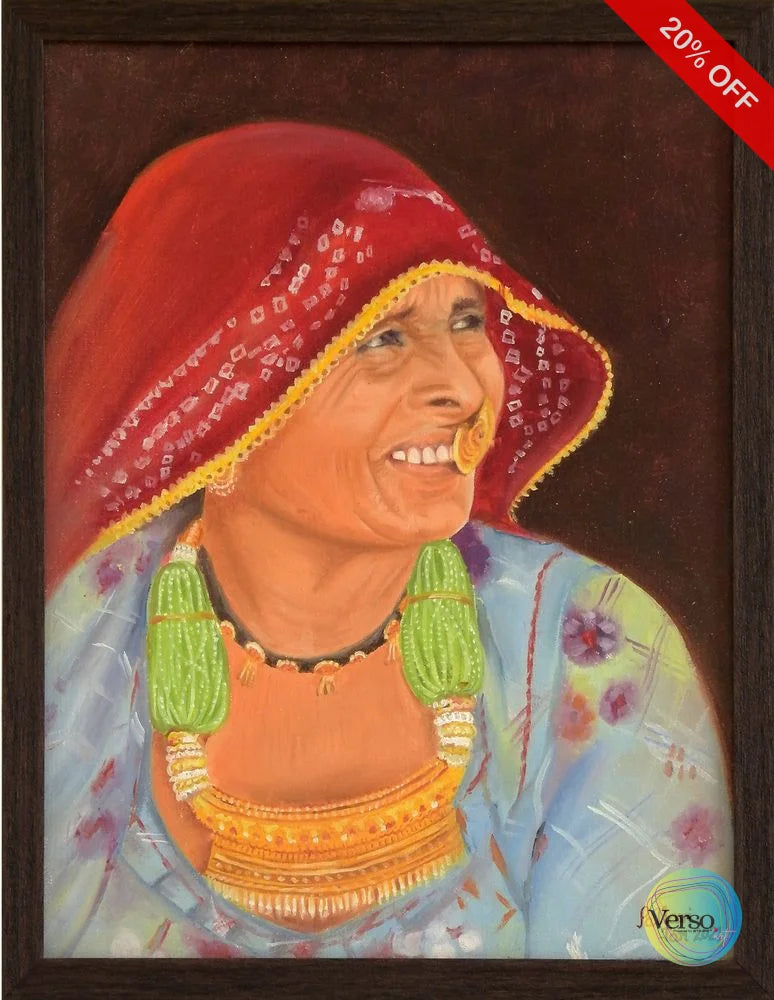 Rajasthani Lady 18.7 x 14.57 cm / Acrylic / Framed, shipped flat Original Art