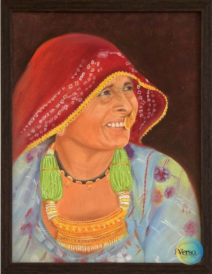 Rajasthani Lady 18.7 x 14.57 cm / Acrylic / Framed, shipped flat Original Art