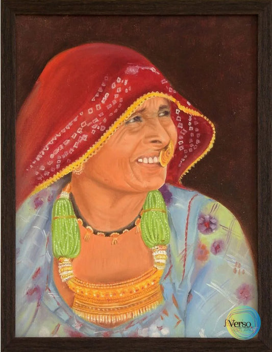 Rajasthani Lady 18.7 x 14.57 cm / Acrylic / Framed, shipped flat Original Art