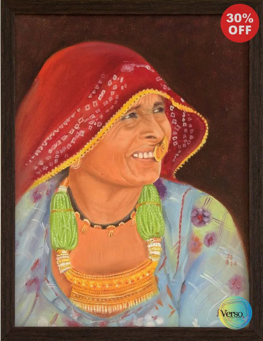 Rajasthani Lady 18.7 x 14.57 cm / Acrylic / Framed, shipped in a box Original Art
