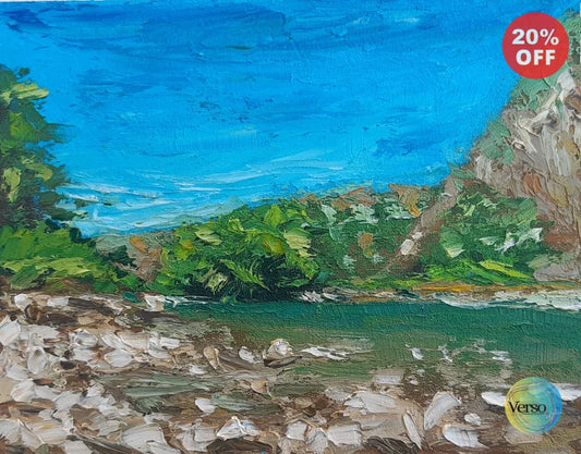 River between hills 25 x 20 cm / Oil / Unframed, shipped flat