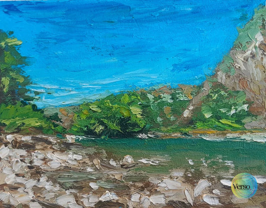 River between hills 25 x 20 cm / Oil / Unframed, shipped flat