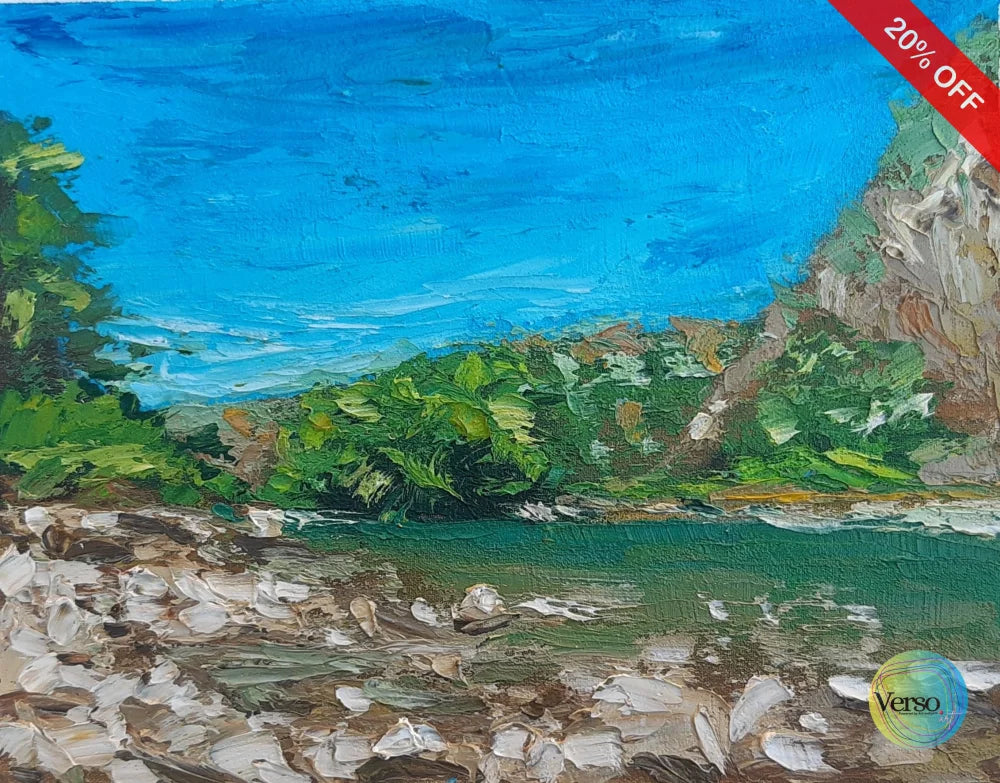 River between hills 25 x 20 cm / Oil / Unframed, shipped flat