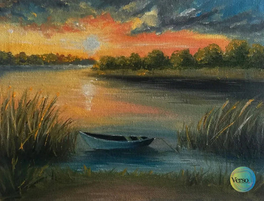 Sunset at River Bank 8 x 6 cm / Oil / Unframed, shipped in roll
