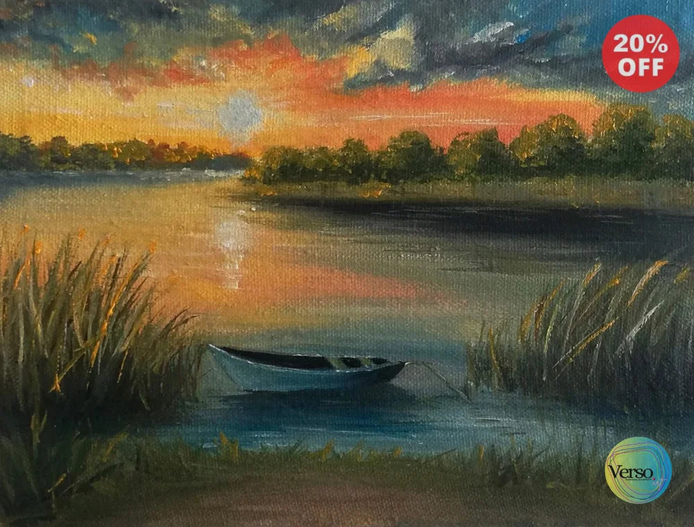Sunset at River Bank 8 x 6 cm / Oil / Unframed, shipped in roll