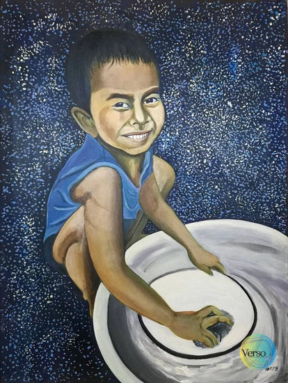 Young boy working hard at home 60 x 80 cm / Acrylic / Unframed, shipped in roll